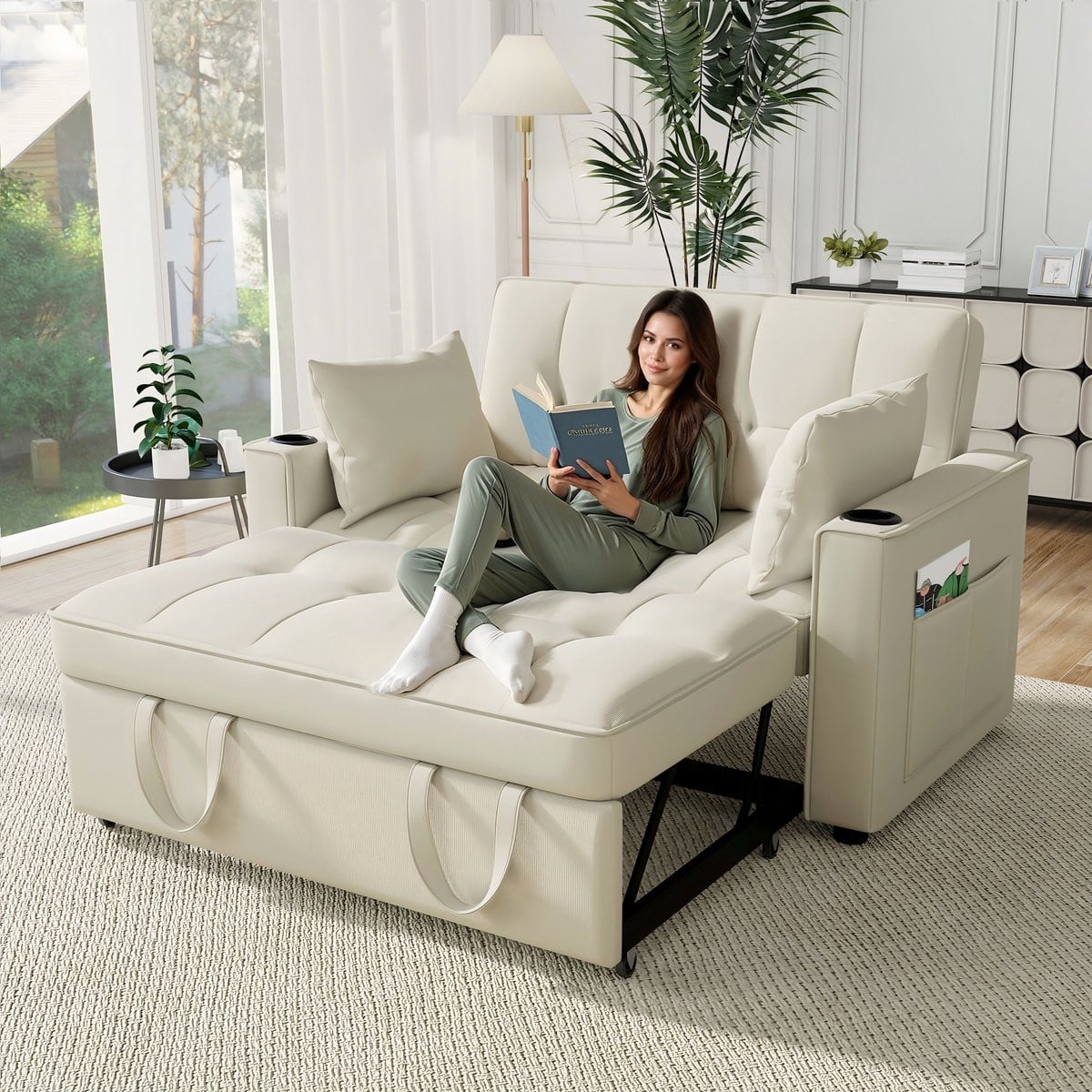 Sweiko Multifunctionele Opklapbare Slaapbank met Bekerhouder en Kussens, Beige