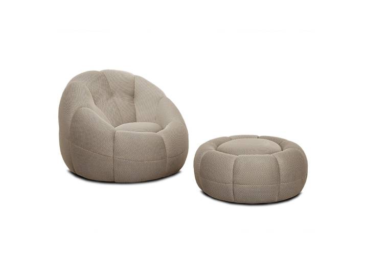 Fauteuil avec pouf tissu beige clair