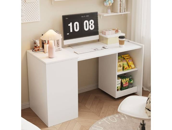 Bureau Secrétaire Pliant 4 Compartiments 4 Roulettes - MEUNIQ - pour Bureau Chambre Salon Blanc 126×55×75 cm
