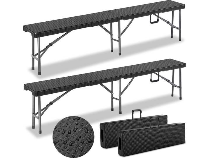 Set de 2 bancs de jardin pliables 180cm acier aspect polyrotin bac d’extérieur camping vacances pique-nique anniversaire