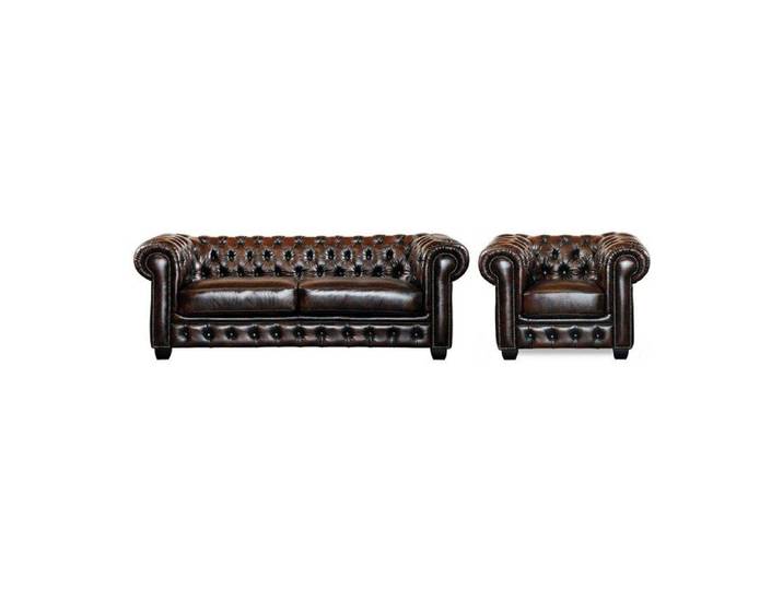 Canapé chesterfield 3 places et un fauteuil BRENTON 100% cuir de buffle - Marron reflets châtains