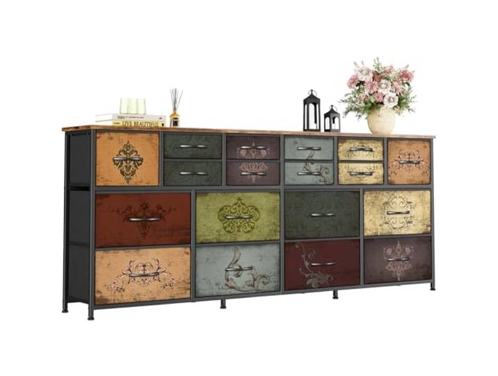 189 cm Breite Kommode für Schlafzimmer, Vintage Stoffkommode mit Holzplatte, 18-Schubladen Aufbewahrung, TV-Schrank für 65–80 Zoll Fernseher, Große Organizer-Kommode in Wohnzimmer & Kinderzimmer