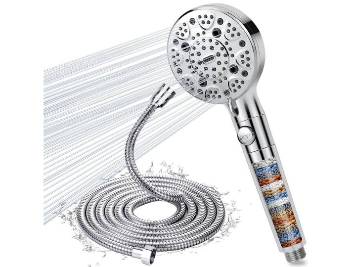 Duschkopf mit Schlauch 2M, 15-Schichten-Filter, 9 Strahlarten, Stoppfunktion, Hochdruck, Wassersparend, Kalkfilter, Chrom Silber