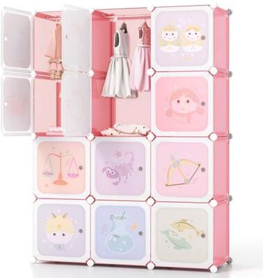Costway 12 Cube Kids Wardrobe Closet with Hanging Section and Doors-White and Pink