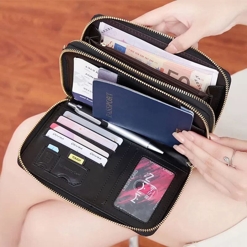 INF Portefeuille de voyage anti-RFID, porte-passeport en cuir noir avec dragonne