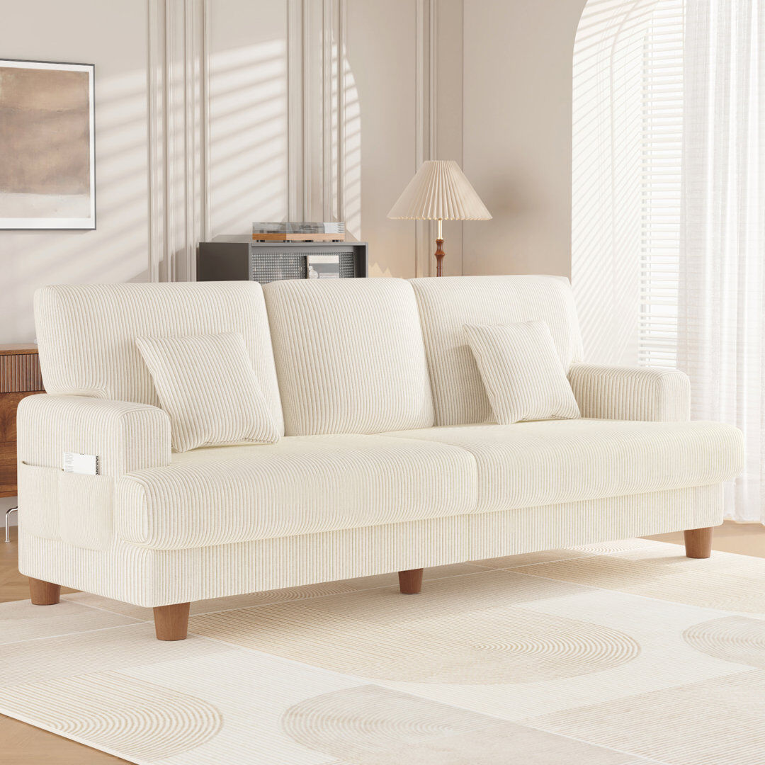 Blue Elephant 220cm Corduroy Sofa with 3 Seats, No Tool Assembly,Solid Wood Frame and Solid Wood Legs Beige 88.9cm H X 221cm W X 77.5cm D
