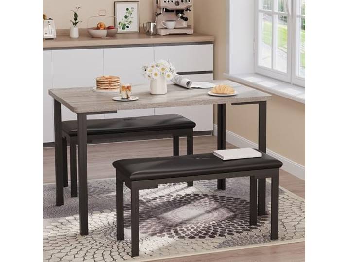 GarveeMore 3-teiliges Esszimmerset für 4 Personen 110x70cm Tisch + 2 Gepolsterten Bänken Metallgestell für Küche Frühstücksecke Apartment oder kleines Esszimmer, Langer Esstisch+Grau
