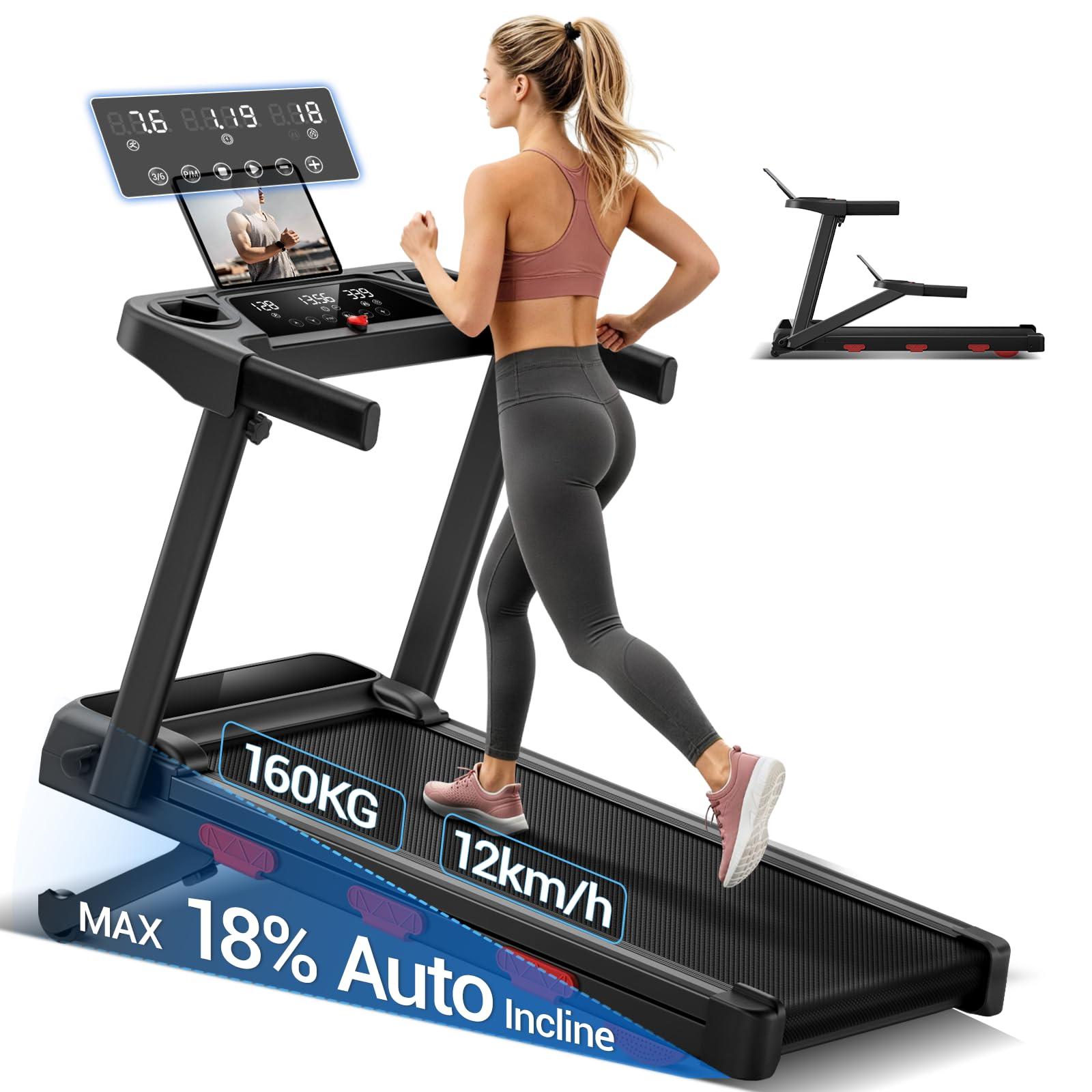 Laufband mit 18% automatischer Steigung,12KM/H, Laufband mit LED ,klappbares Laufband mit 12 Programmen,3,0 HP leiser Motor,MAX 160kg, 160 kg