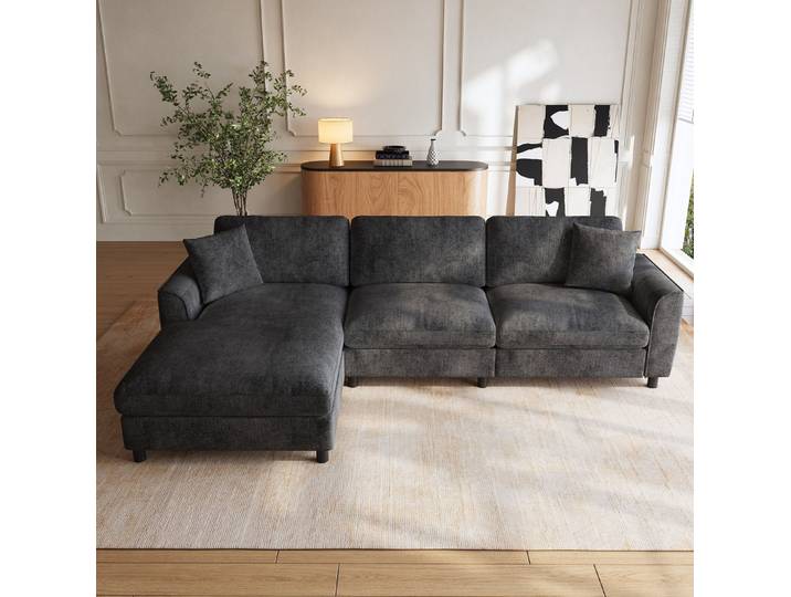 MODFU Ecksofa 3-Sitzer-Sofa mit geschwungenen Armlehnen und großzügiger Liegefläche, Grau, 256x137x79 cm, abriebfest