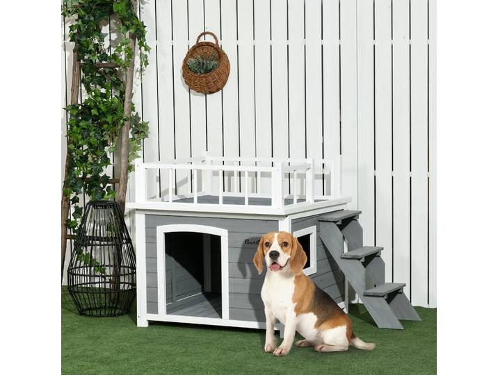 PawHut Chenil pour chiens, terrasse sur le toit, escalier, fenêtre, distance au sol, Bois naturel, gris clair, 121 x 77 x 78 cm