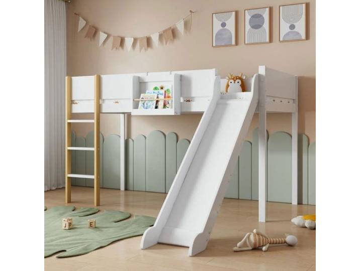 Lit mezzanine enfant 90x200 cm- VVBV - Toboggan - Étagère amovible - Pin & MDF blanc/naturel