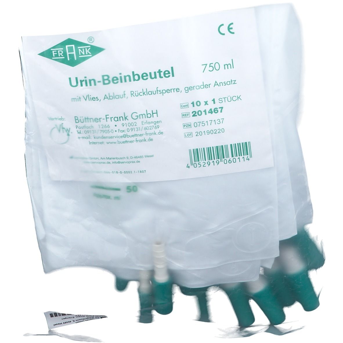 Urin Beinbeutel 750 ml Rückl.Sp.m.Abl.m.Vlies ger. 10 St Beutel