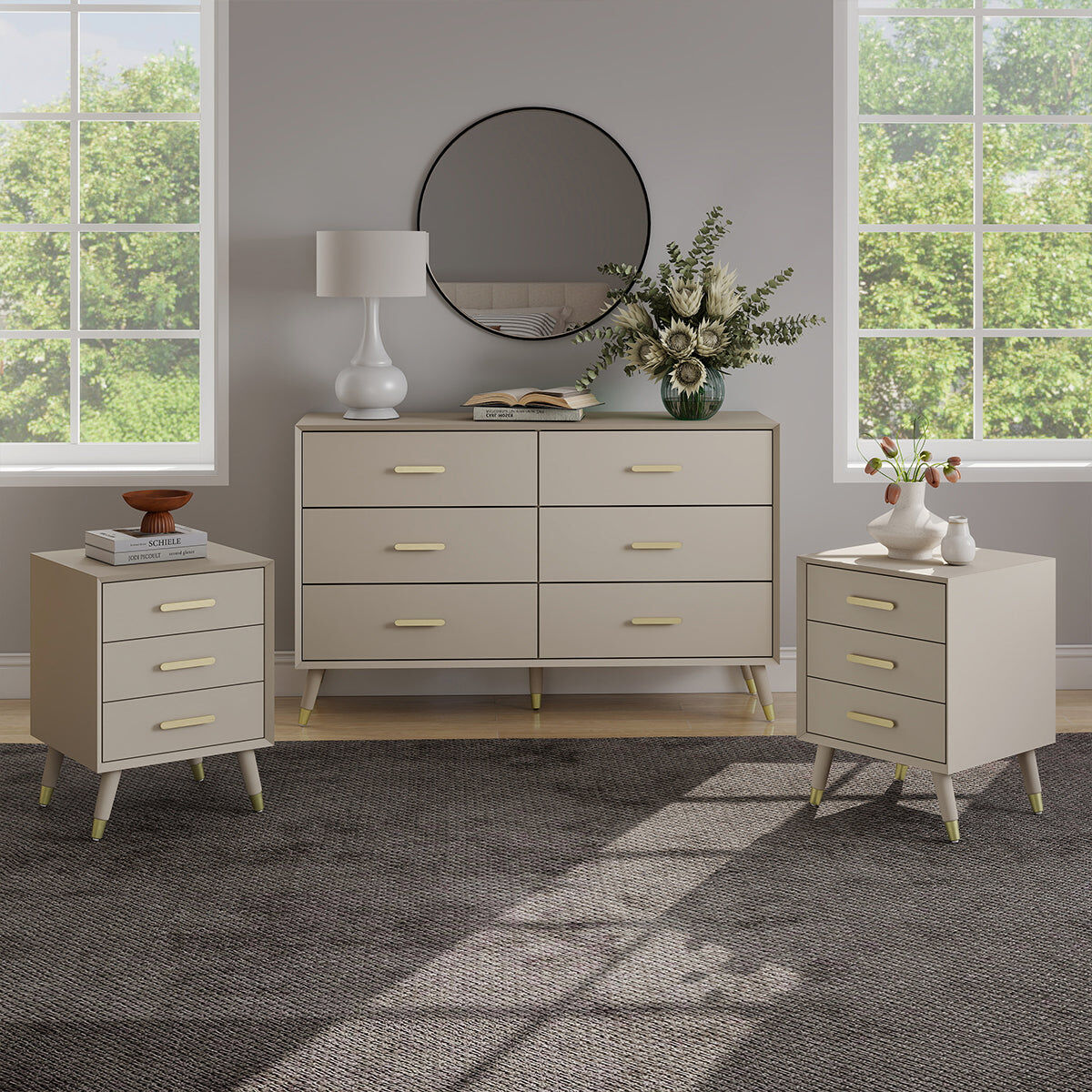 6 Drawer Chest Of Drawers & Pair of 3 Drawer Bedside Tables - Oslo Taupe Range Wood, Metal