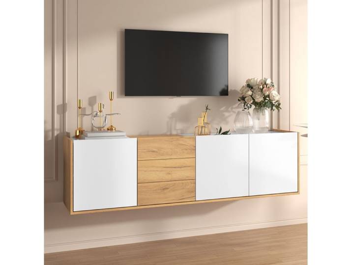 ROVRYN meuble TV 171 5 cm blanc et bois 3 portes 3 tiroirs etagere reglable MDF a poser ou suspendre