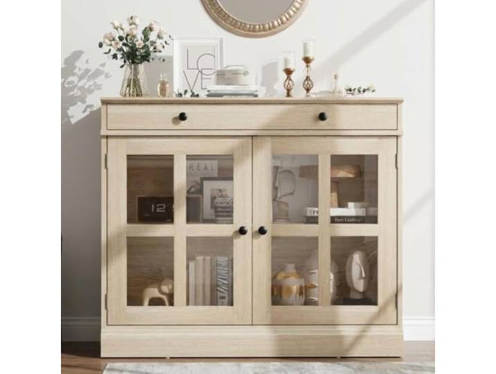 RBFGYIOP Modernes Sideboard mit Glastüren und Schublade, Aufbewahrungsschrank für Küche, Esszimmer oder Eingangsbereich, verstellbare Einlegeböden, einfache Montage, robuste Konstruktion, gewaschenes