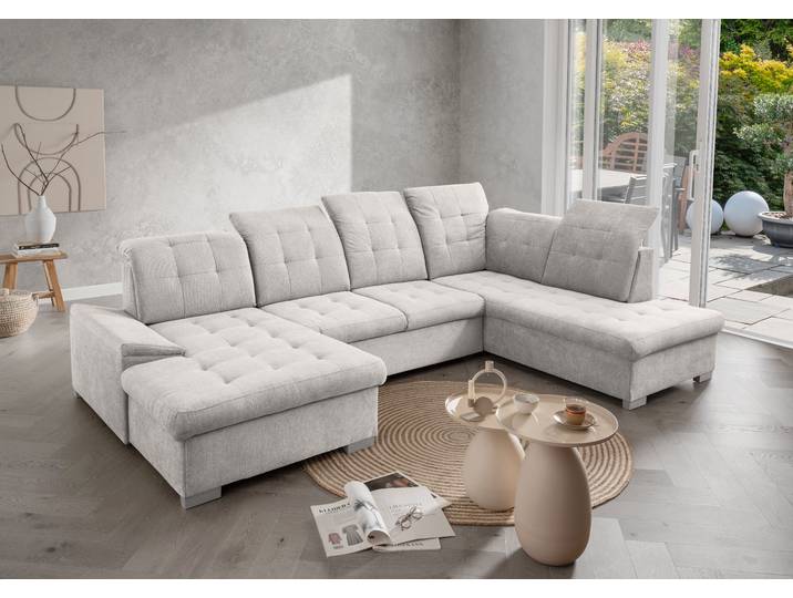 Wohnlandschaft mit Schlaffunktion Grau Webstoff Jimin 330 x 105 x 212cm Longchair davorstehend links / Ottomane rechts mit Schlaffunktion