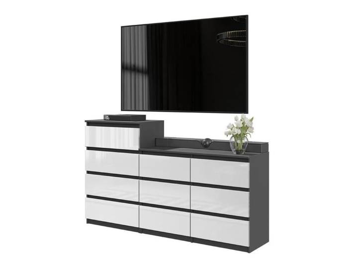 GABRIEL - Commode 10 Tiroirs (6+4) - H92/70 cm L160 cm P33 cm (Anthracite / Blanc Brilliant)