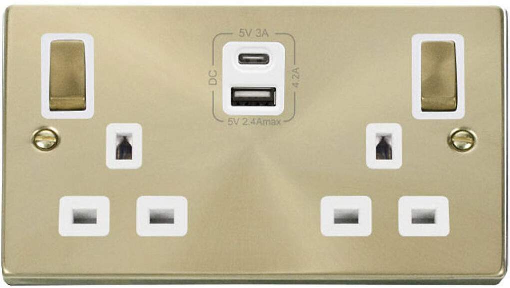17 Stories Satin Brass 2 Gang 13A DP Ingot Type A & C USB Twin Double Switched Plug Socket Gold