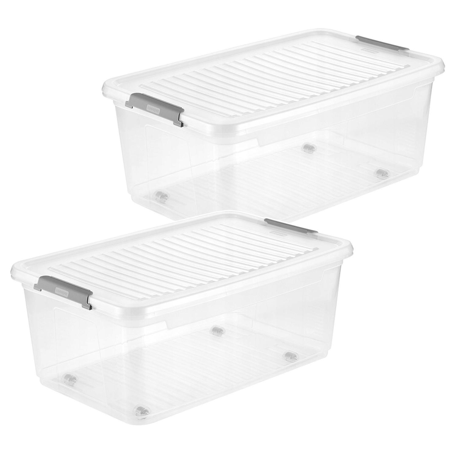 Set van 2 Keeeper Leo opslagcontainers met deksel en wielen, 37 liter, transparant