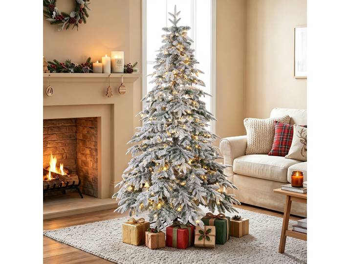HOMCOM Sapin Artificiel 180cm LED 350 Branches Enneigé Vert Blanc