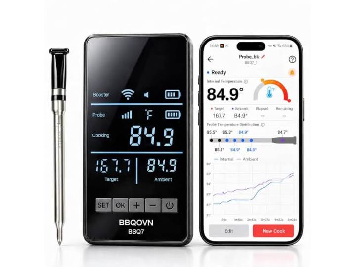 BBQOVN WLAN Bluetooth Fleischthermometer mit Unbegrenzter Reichweite, 7 NIST-zertifizierte Sensoren & Umgebungstemperatur, Kabelloses Thermometer für BBQ, Smoker, Ofen, Grill, Heißluftfritteuse