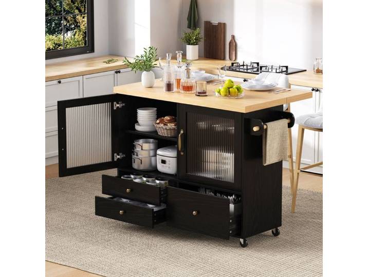 Îlot de Cuisine Mobile Noir avec Table Extensible et Porte-Verres