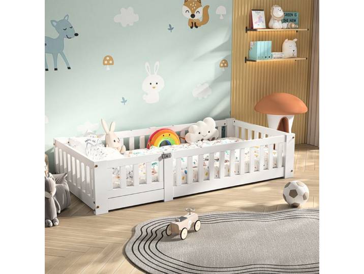ADWOLT Lit de sol enfant 90x190cm avec barrières de sécurité Pin massif Blanc