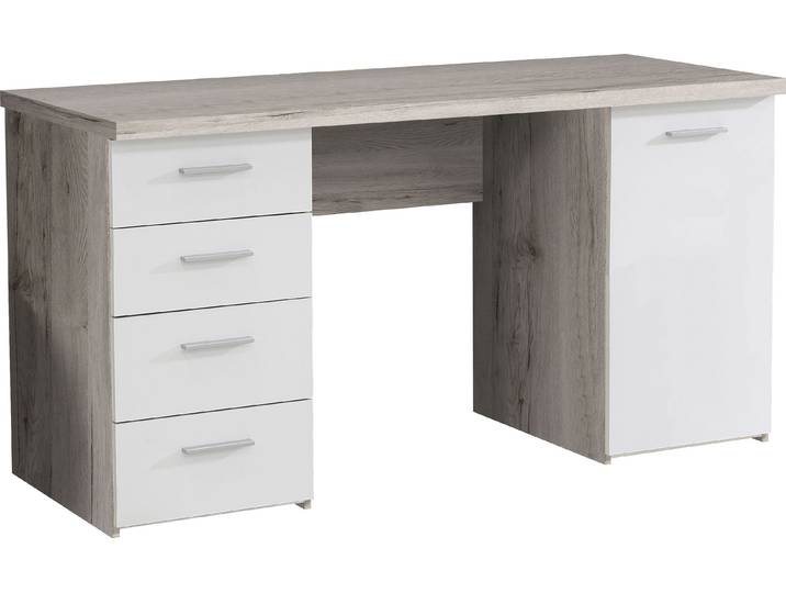Schreibtisch FORTE Netta , weiss (sandeiche, weiß matt, sandeiche, sandheiche), B:145cm H:76,3cm T:60cm, Tische, Schreibtisch, Breite 145 cm, mit Schubladen