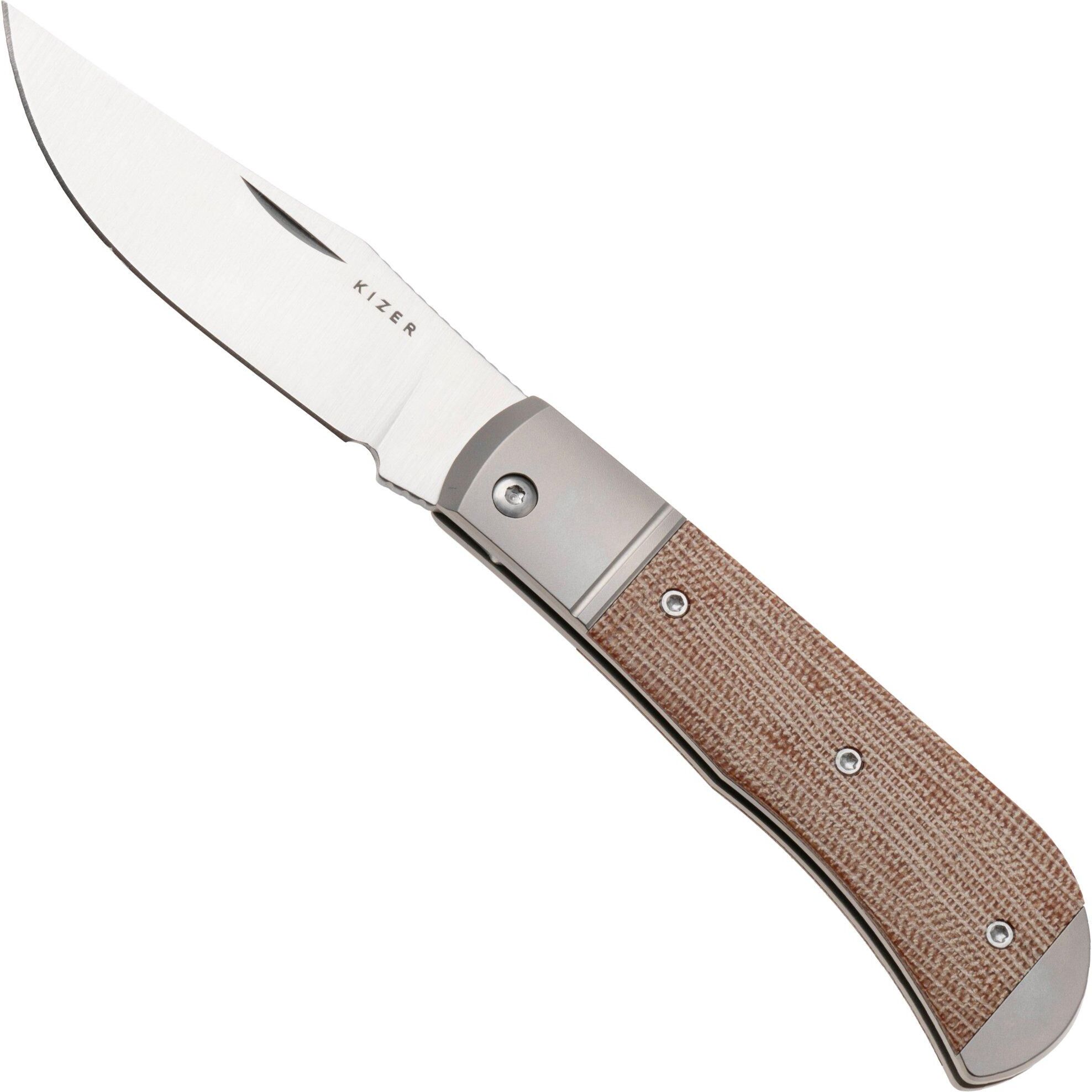Kizer Vanguard Trestle V3761A1 Satin 14C28N, Titanium Micarta Inlay, coltello da tasca, Azo design