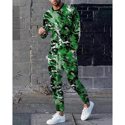 Herren Sweatshirt Trainingsanzug Jogginganzug Rote Blau Grün Rundhalsausschnitt Tarnung 2 teilig Sport Outdoor Täglich Ferien Polyester Streetwear Basic Lässig Frühling Herbst Bekleidung