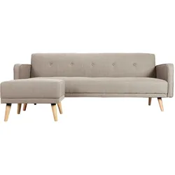 Skandinavisches Schlaf-Ecksofa aus beigem Stoff und hellem Holz 4-Sitzer ULLA