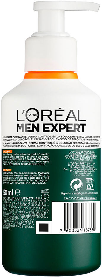 L'Oréal París Men Expert Derma Control gel limpiador purificante 260 ml