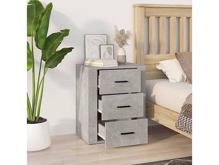 KTHLBRH Nachttisch, grau, Beton, 50 x 36 x 60 cm, Holz, mehrschichtig 3 Schubladen, robuste Platte, pflegeleichte Oberfläche, klassisches Design