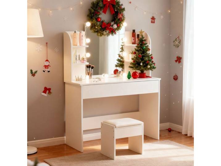 Coiffeuse KIMFEAD avec Hocker et Miroir LED Table de Maquillage Moderne Bureau de Beauté Design Blanc Rangements Spacieux