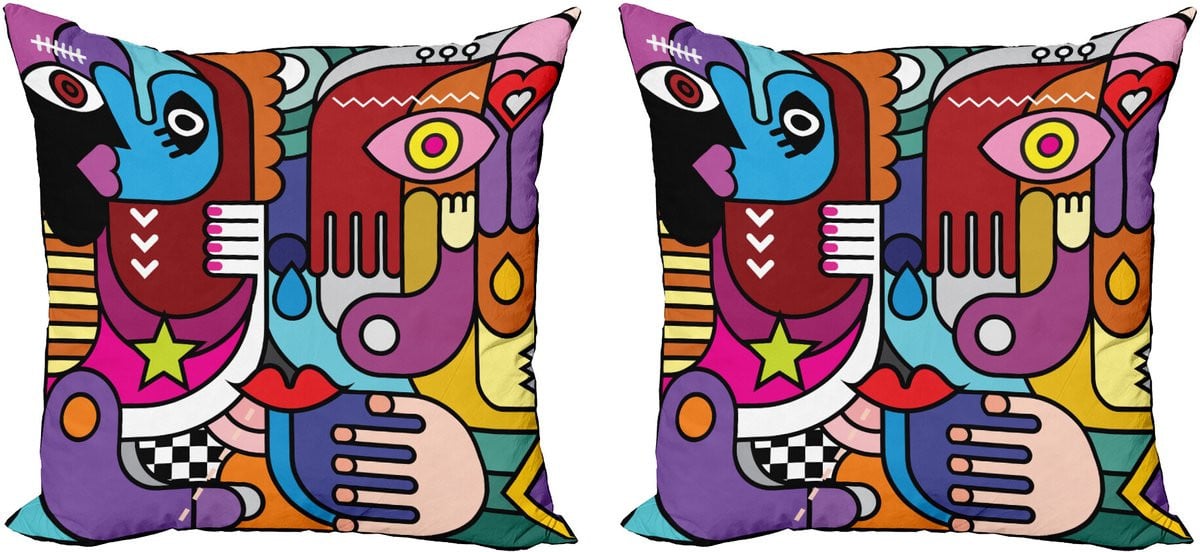 ABAKUHAUS Set van 2 Collage Decoratieve Kussenhoezen met Abstracte Complexe Vormen, Multicolor, 45 x 45 cm