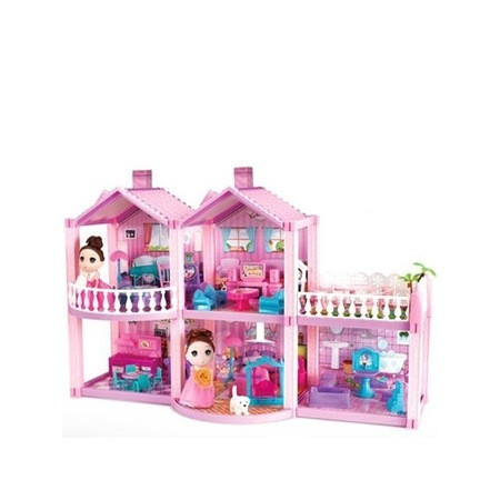 Poppenhuis met poppenvilla, meubels en hond