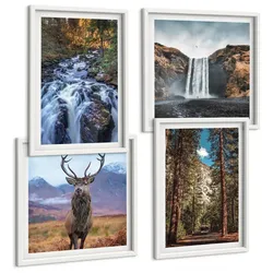 BILDER SET 4er Set - 50x50 cm & 40x60 cm Weißer Rahmen - Wasserfall Wald Berge Hirsch Natur