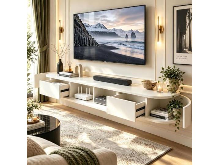 ATHOMASM TV Lowboard Hängend, TV-Schrank Aus Holz, Schwebender TV-Schrank Mit Stauraum, Hängende Medienkonsole, TV-Ablage Für Das Wohnzimmer, Moderne TV-Wandlösung, Schlanke TV-Regal(Weiß,180cm)