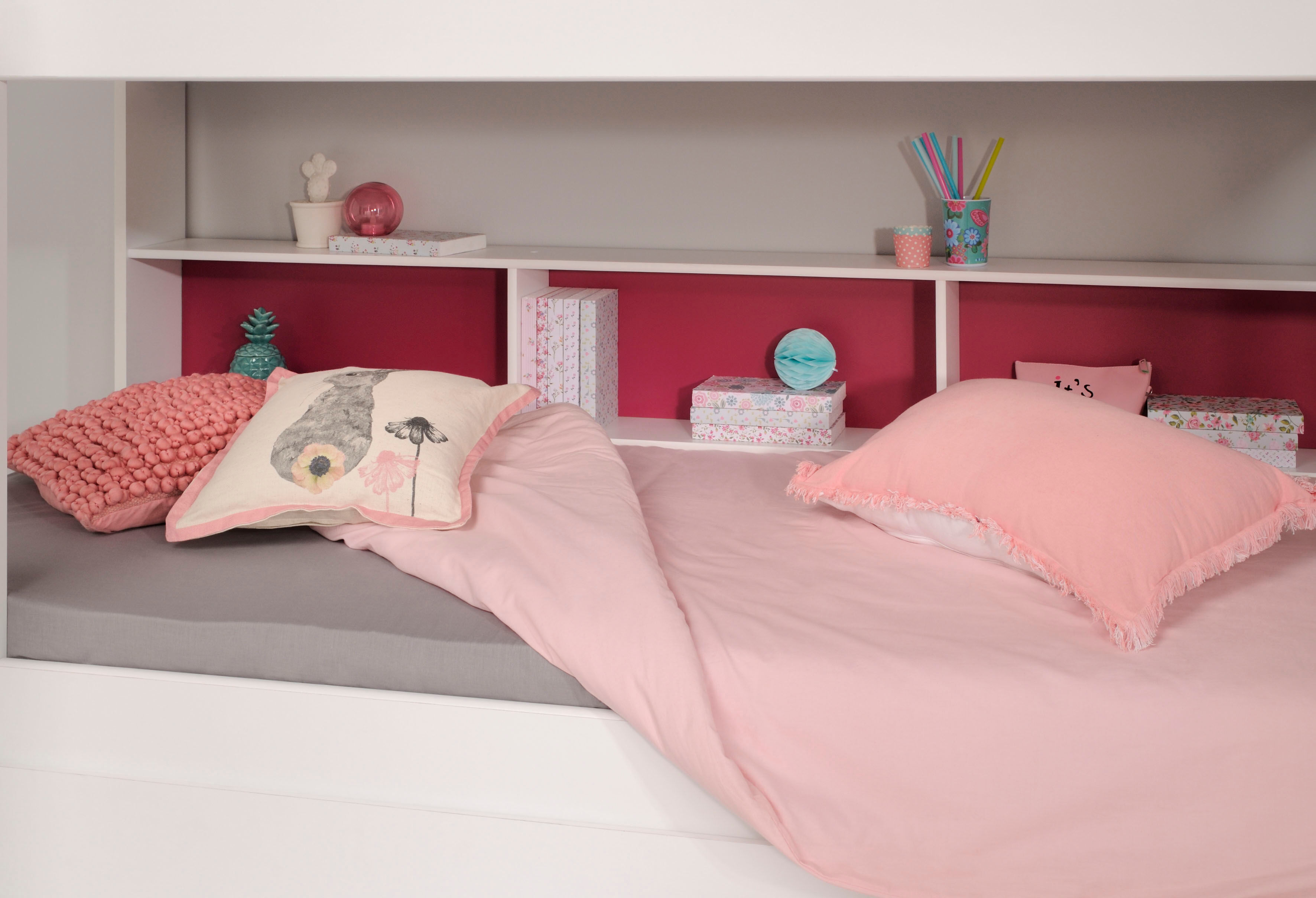 Etagenbett PARISOT "Tam Tam, Stockbett, farbig hinterlegte Regale, mit Bettkasten", weiß, B:132cm H:165cm L:209cm, Etagenbetten, Etagenbett, viel Stauraum, toll für kleine Räume, TOPSELLER