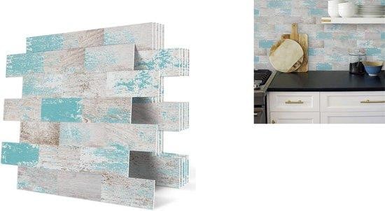 Set van 10 zelfklevende 3D wandpanelen met tegellook in blauw, grijs en meerkleurig voor keuken en badkamer