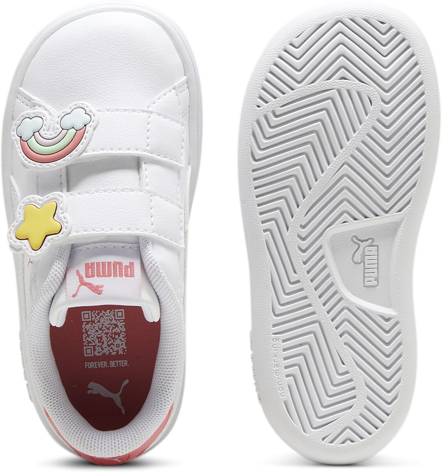 Sneaker PUMA "SMASH 30 BADGES V INF", Mädchen, Gr. 23, Textil, weiss (puma weiß, passionfruit), Synthetik, Schuhe Sneaker, mit Klettverschluss, mit SOFTFOAM+ Dämpfung, aus Synthetik puma weiß, passionfruit 23, Textil