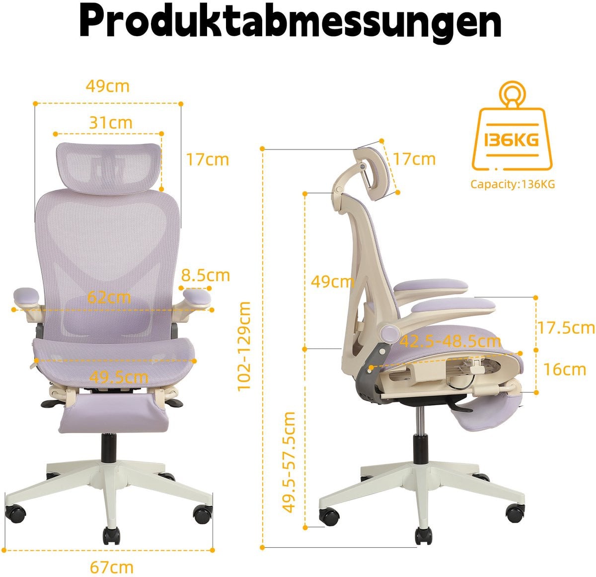 DESMIU Ergonomische Bureaustoel met 3D Hoofdsteun en Verstelbare Lendensteun, Klapbaar, Paars