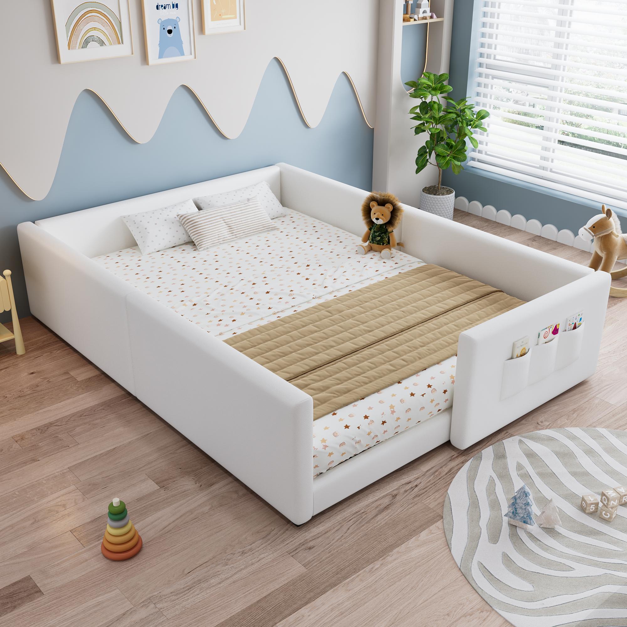 MODFU Kinderbett Doppelbett 140x200 mit Matratze und drei Aufbewahrungstaschen und Sicherheitsgitter Polsterbett Rahmendesign für Kinderzimmer Weiß