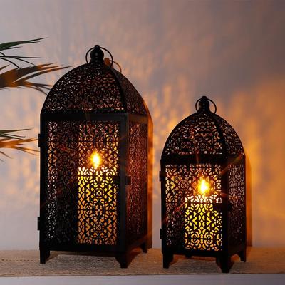 Inspired Finds Black Metal Hanging Candle Lantern Set Decorative Hollow Pattern Lanterns Black Metal Hanging Candle Lantern Set Decorative Hollow Pattern Lanterns