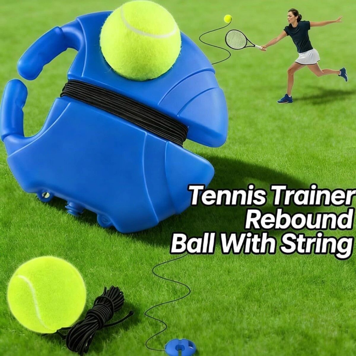 INF Tennis-Trainer-Basis mit 2 Tennisbällen – elastischer Seil-Rebounder, rutschfeste PE-Basis, tragbar, 30cm x 30cm