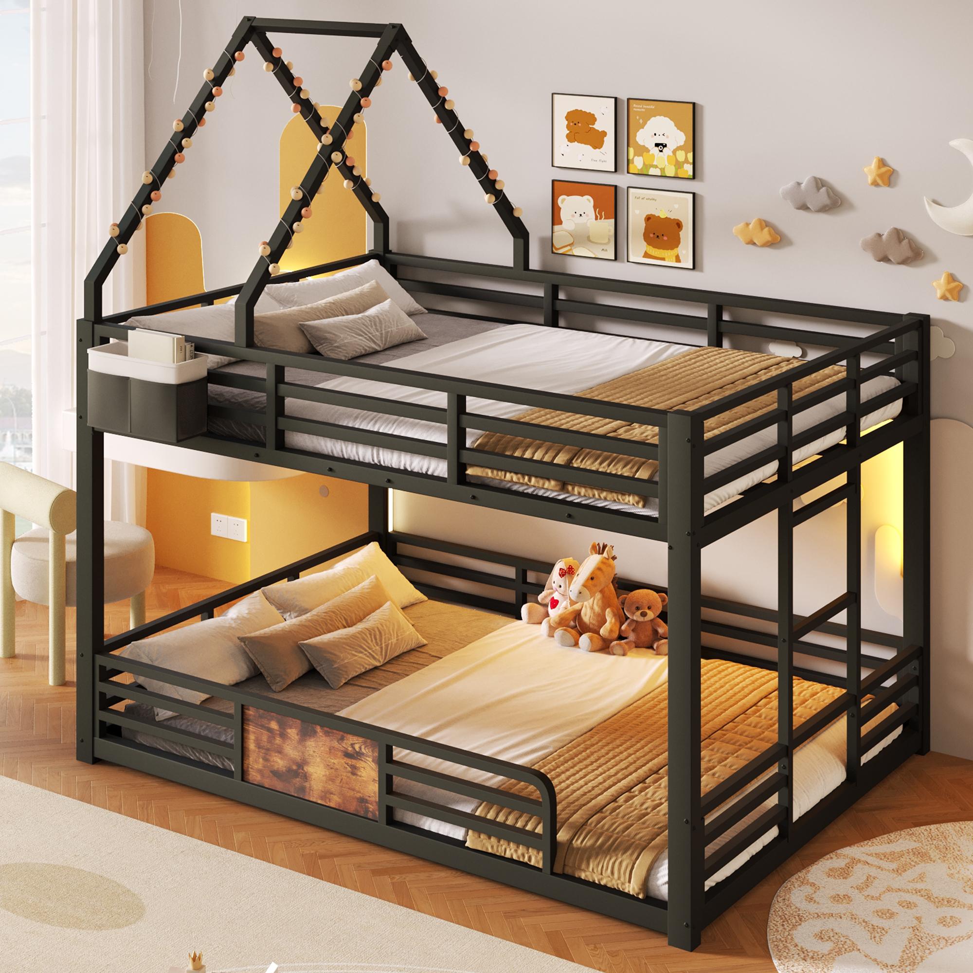 okwish Etagenbett 140×200 mit einer Matratze und LED, Jugendbett mit Stofftaschen und Sicherheitsgeländer,Hausbett in Schwarz