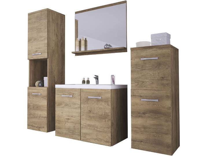 Badmöbel-Set WELLTIME PARLA , braun (eiche lefkas), B:120cm H:133cm T:34,5cm, Holzwerkstoff, Kastenmöbel-Sets, Badmöbel-Set, Waschtisch inkl. Waschbecken, Spiegel, Hochschrank und Hängeschrank