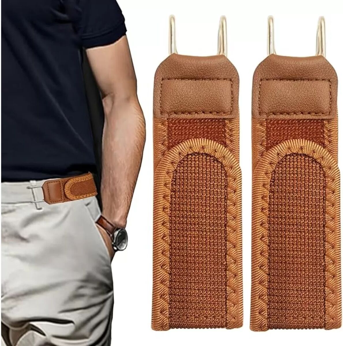 INF Schnallenloser Gürtel 2er-Set – Elastischer Taillengürtel mit verstellbarem Metallhaken, atmungsaktiver unsichtbarer Bund Khaki