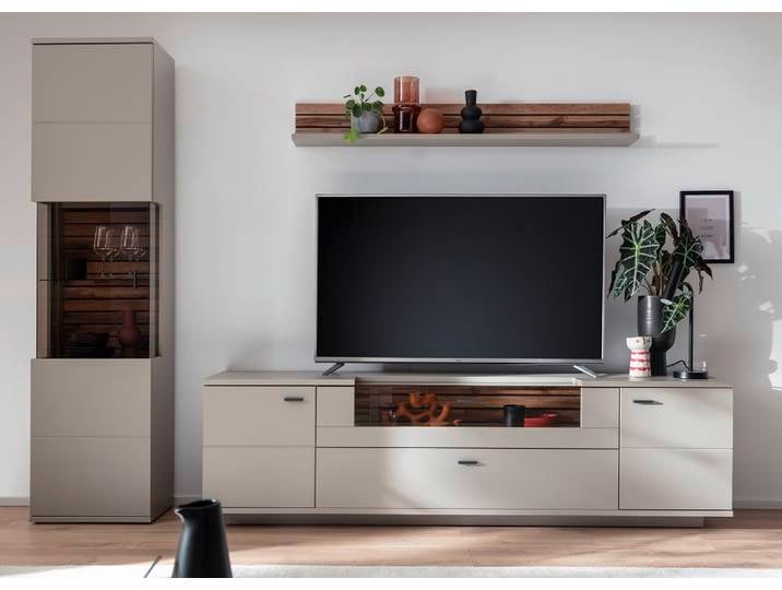 Wohnkombination Lüttich , Basalt / Wotan Eiche , 3-teilig , TV-Board & Wandboard mit Bandbeleuchtung