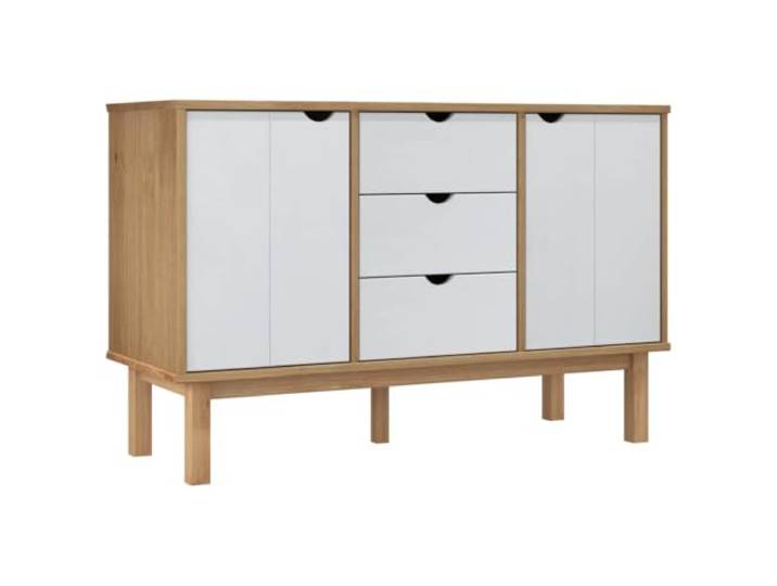KKgypkn Sideboard OTTA Kiefer Massiv 113x43x73 cm Braun Weiss 3 Schubladen, 2 Tuerfaecher, Stabiler Holzrahmen, Stabile Oberplatte, Skandinavisches Design